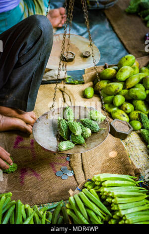 grocer seller weighing bitter gourd in common balance for sale to customer in indian super market Stock Photo