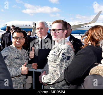 Maj. Gen. Leonard Isabelle, Col. Bryan Teff and Col. Josiah Meyers greeted Vice President of the United States Michael Pence at Detroit Metro Airport, March 2, 2018. Vice President Pence took the time to take photos and shake hands with civilians in attendance and Airman from the 110th Attack Wing, Battle Creek, Mich. during his visit. (Air National Guard photo by Tech. Sgt. Jason Boyd/Released) Stock Photo