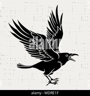 Vector silhouette of a flying black raven on grunge background Stock Vector