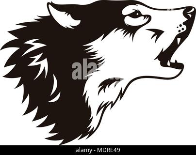 Stylised head of wolf isolated on white. This vector illustration can be used as a print on T-shirts, tattoo element or other uses Stock Vector