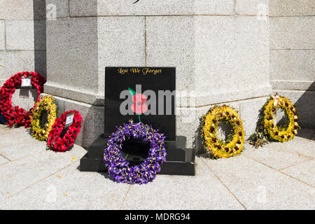 8th May 2017, Bury, Greater Manchester, UK. Two weeks after Anzac Day (April 25th), several remembrance wreaths lie at the foot of Bury war memorial.. Stock Photo
