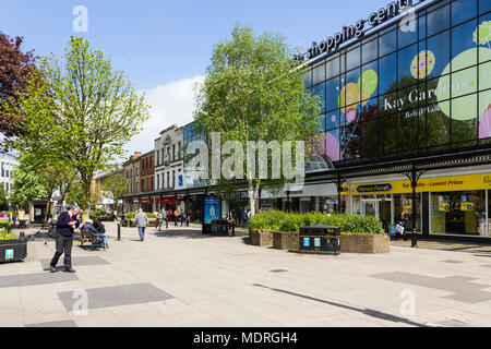 Shops and people in a largely clean and tidy Kay Gardens Retail Walk, in the town centre of Bury, Greater Manchester. Stock Photo