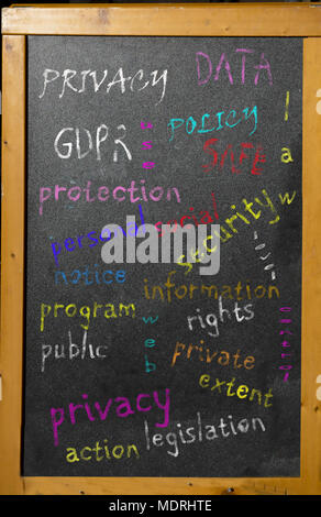 concept of privacy policy in a word tag cloud written on a blackboard with colored chalk Stock Photo