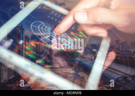 future concept Hi-Tech HUD on touch screen tablet for stock market Stock Photo