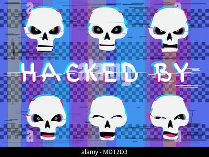 Glitch hacker skulls set with hacked by text on blue screen device background. Skull laugh funny wink and angry different emotions collection. Compute Stock Vector