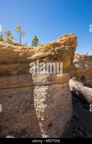 Pumice volcanic rock formations sculpted and eroded by wind and water in the Lunar Landscape, Paisaje Lunar, natural park area in Vilaflor, Tenerife,  Stock Photo