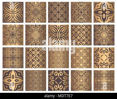 Vector tiles patterns. Seamless flourish backgrounds with golden flourish elements. Arabic decorative design for floor or wall. Square symmetrical orn Stock Vector