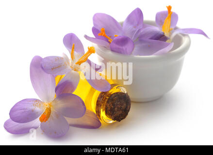 Saffron crocus flower with extract in a bottle over white Stock Photo
