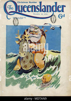 Illustrated front cover from The Queenslander December 20 1934. Location:Queensland  Description:Special Christmas issue featuring an front cover illustration of Santa Claus on a reindeer, surfing a wave. Stock Photo