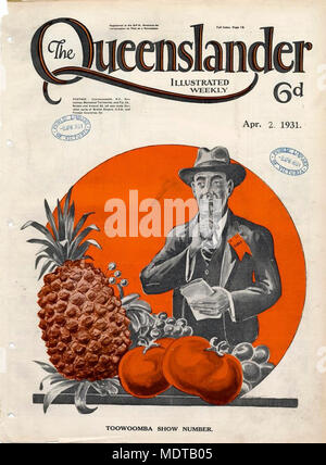 Illustrated front cover from The Queenslander, April 2, 1931. Location:  Queensland, Australia  Description:  Caption: Toowoomba Show number. Illustration of a man with notebook and pencil and a judge's ribbon pinned to his lapel, contemplating a display of fruit. Stock Photo