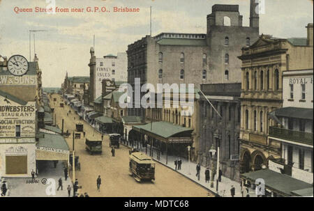 Queen Street from near the General Post Office, Brisbane, ca. Location: Brisbane, Queensland, Australia  Description: Part of the Valentine's series of postcards.  Business district of Brisbane showing busy Queen Street, with shops and business houses. The post office clock is visible on the left. Stock Photo