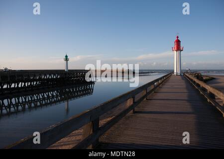 France, Lower Normandy, Calvados, Côte Fleurie, Trouville-sur-Mer, beach, pier, boom, lighthouse, sea Stock Photo