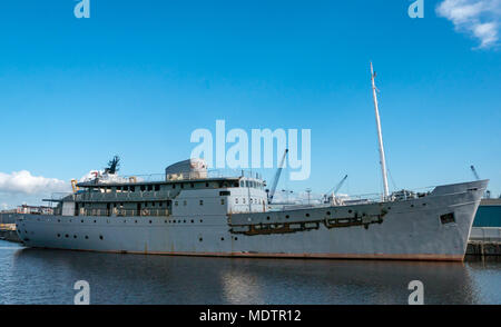 MV Fingal, lighthouse tender ship being converted to luxury floating hotel in Leith Docks, Edinburgh, Scotland, UK Stock Photo