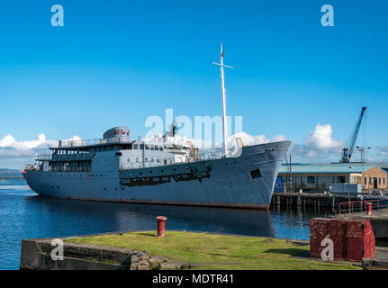 MV Fingal, lighthouse tender ship, being converted to luxury floating hotel in Leith Docks, Edinburgh, Scotland, UK Stock Photo