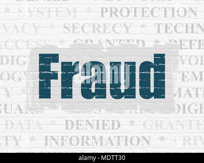 Protection concept: Painted blue text Fraud on White Brick wall background with  Tag Cloud Stock Photo