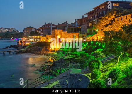 Night photo of reconstructed gate part of Sozopol ancient fortifications, Bulgaria Stock Photo