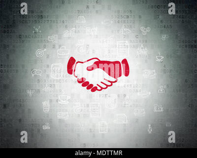 Business concept: Painted red Handshake icon on Digital Data Paper background with  Hand Drawn Business Icons Stock Photo