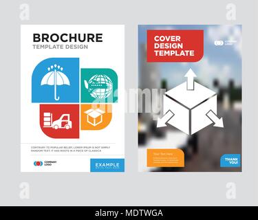 Delivery cube box package with four arrows in different directions brochure flyer design template with abstract photo background, Delivery package ope Stock Vector