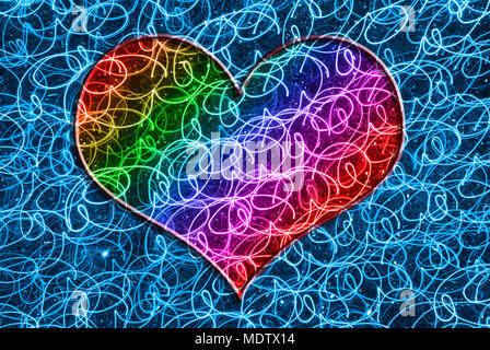 Shape of heart on abstract background made of moved blue lights. Stock Photo