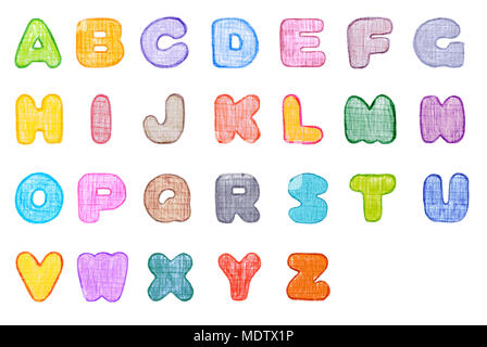 Alphabet canvas textured font, made with wax crayons over white background. Every letter in different colour. Stock Photo