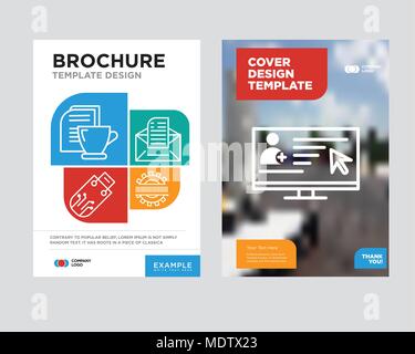 Reading mail on laptop brochure flyer design template with abstract photo background, Binary code, Email, Pendrive, Mail and tea minimalist trend busi Stock Vector