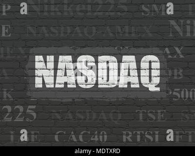 Stock market indexes concept: Painted white text NASDAQ on Black Brick wall background with  Tag Cloud Stock Photo