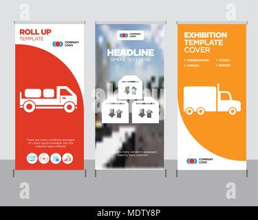 Frontal truck modern business roll up banner design template, Three sto boxes for delivery creative poster stand or brochure concept, Delivery truck w Stock Vector