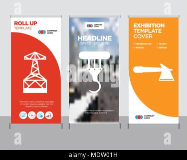 hatchet modern business roll up banner design template, crane creative poster stand or brochure concept, oil derrick cover publication Stock Vector