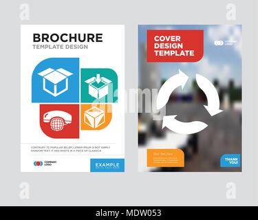 Triangular arrows brochure flyer design template with abstract photo background, Package cube box for delivery, Delivery packaging box, International  Stock Vector