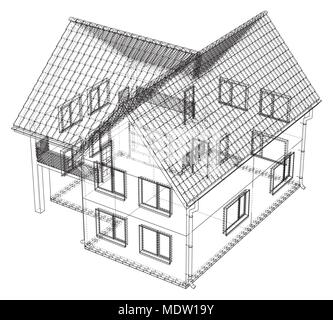 Perspective wireframe of house exterior. Vector created of 3d. Stock Vector