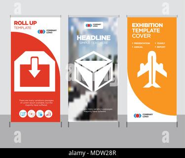 Airplane in vertical ascending position modern business roll up banner design template, Package cube box for delivery creative poster stand or brochur Stock Vector