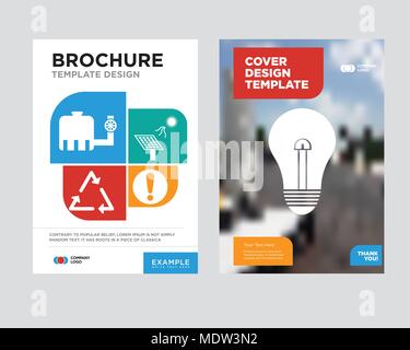 bulb brochure flyer design template with abstract photo background, exclamation, solar battery, triangle, tipper minimalist trend business corporate r Stock Vector