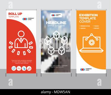 Laptop Analysis modern business roll up banner design template, Data interconnected creative poster stand or brochure concept, User data analytics cov Stock Vector