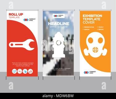 respirator modern business roll up banner design template, Fire Hydrant creative poster stand or brochure concept, pipe wrench cover publication Stock Vector
