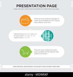 Shopping cart, Office briefcase, File folder presentation design template in orange, green, yellow colors with horizontal and rounded shapes Stock Vector
