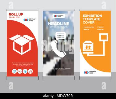 Weight of delivery package on a scale modern business roll up banner design template, Talking by phone auricular creative poster stand or brochure con Stock Vector