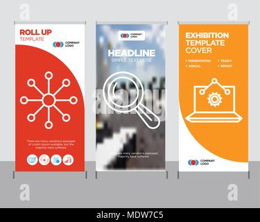 Laptop Analysis modern business roll up banner design template, Magnifier tool creative poster stand or brochure concept, Balancing data cover publica Stock Vector