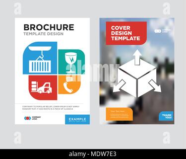 Delivery cube box package with four arrows in different directions brochure flyer design template with abstract photo background, Talking by phone aur Stock Vector
