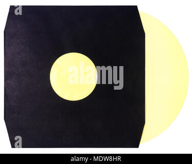 Yellow vinyl record disc in black paper envelope with white paper label isolated on white background. Stock Photo