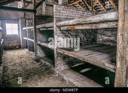 Oswiecim / Poland - 02.15.2018: Prisoner's beds, bunks inside barrack in Auschwitz Birkenau Museum. Stock Photo