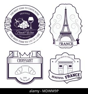 Country France set label template of emblem element for your product or design, web and mobile applications with text. Vector illustration with thin lines isolated icons on stamp symbol. Stock Vector