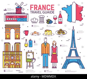 Country France trip guide of goods, places in thin lines style design. Set of architecture, fashion, people, nature background concept.  Stock Vector
