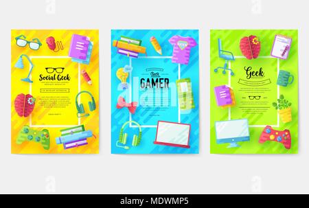 it geeks vector brochure cards set. office professional developer template of flyear, magazines, posters, book cover, banners. Layout workplace technology flat illustrations modern pages Stock Vector