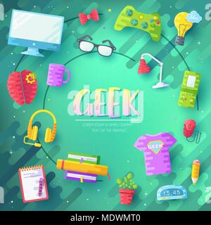 Vector it geeks icons illustrations set. Flat office professional developer around workplace echnology concept.  Stock Vector