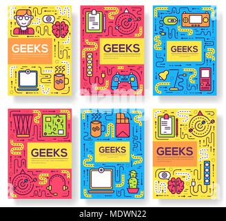 it geeks vector brochure cards thin line set. office professional developer template of flyear, magazines, posters, book cover, banners. Layout workplace technology outline illustrations modern pages Stock Vector