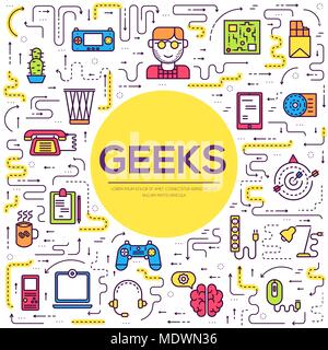 Vector outline it geeks people icons illustrations set. Flat thin line office professional developer around workplace technology concept Stock Vector