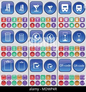 Haircut, Cocktail, Truck, Trash can, Arrow left, Hourglass, Survey, QR-code. A large set of multi-colored buttons. Vector illustration Stock Vector