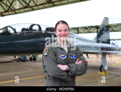 Capt. Jennifer Crum, 14th Student Squadron student pilot, stands in front of a T-38C Talon Dec. 6, 2017, on Columbus Air Force Base, Mississippi. Crum is in Specialized Undergraduate Pilot Training Class 18-03 and will fly the B-2 Spirit at Whiteman AFB, Missouri. (U.S. Air Force photo by Airman 1st Class Beaux Hebert) Stock Photo