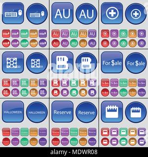 Keyboard, AU, Plus, Videotape, SIM card, For Sale, Halloween, Reserve, Calendar. A large set of multi-colored buttons. Vector illustration Stock Vector
