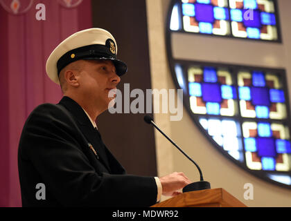 171208-N-DW433-087 YOKOSUKA, Japan (Dec. 8, 2017) – Command Master Chief Jason M. Haka, attached to the Staff of Carrier Strike Group FIVE/Task Force SEVEN ZERO, speaks at Chief Warrant Officer 4 Stephen E. Wyrick’s retirement ceremony at Commander, Fleet Activities Yokosuka. Family, friends, and members of Commander, Fleet Activities Yokosuka attended to recognize Wyrick’s 30 years of naval service. Blue Ridge is in an extensive maintenance period in order to modernize the ship to continue to serve as a robust communications platform in the U.S. 7th Fleet area of operations. (U.S. Navy photo  Stock Photo